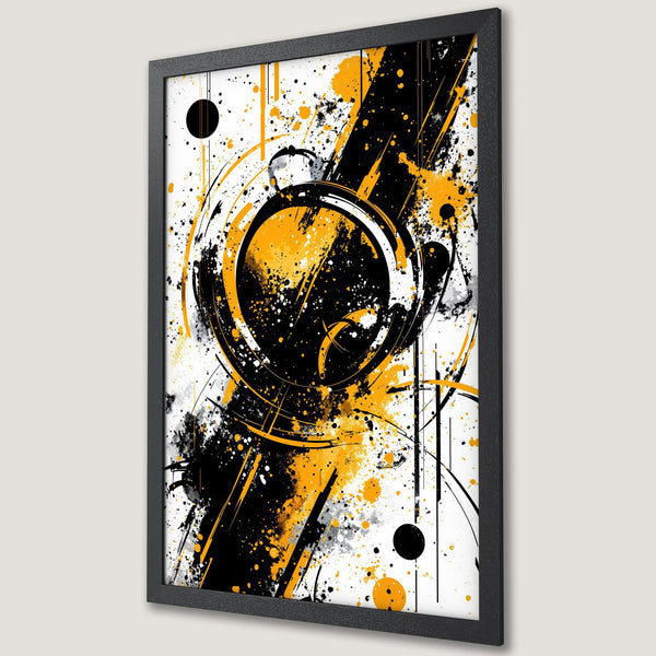 Framed Poster: Abstract art with black, yellow, and white splatter design. Modern style for home decor. Add a pop of color to your space!