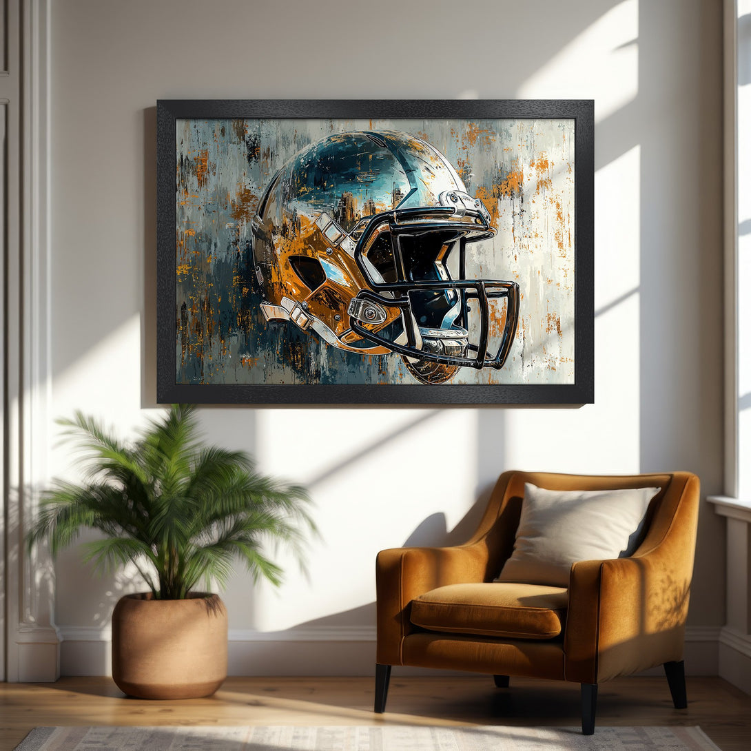 Framed Poster of football helmet in abstract style, featuring a gold and blue color palette. Perfect wall art!