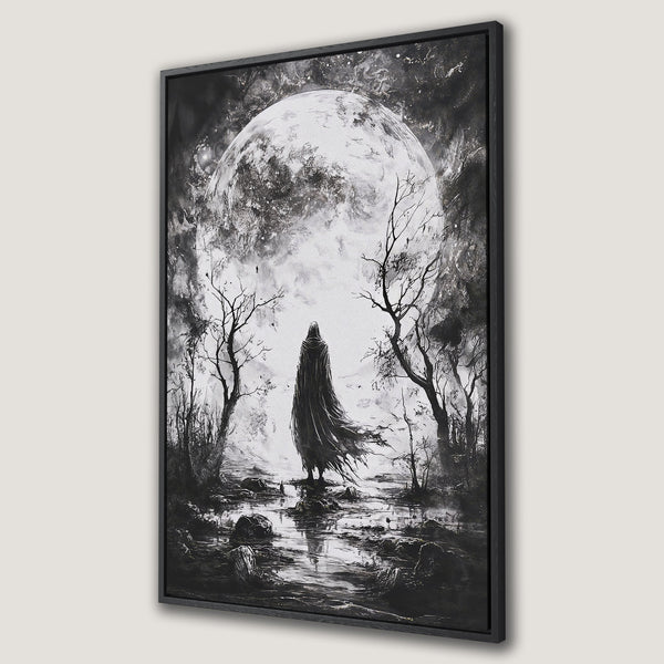 Framed Wall Art: Dramatic black and white canvas print featuring a cloaked figure before a moonlit landscape. Perfect for adding a touch of mystery and gothic style.