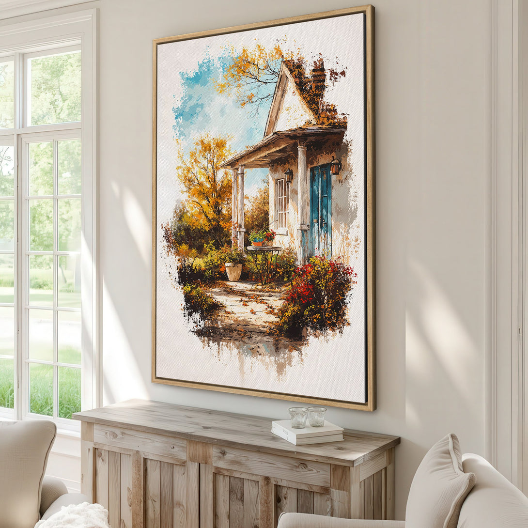 Canvas Print of a charming cottage scene in a watercolor style, featuring warm autumn colors. Perfect for adding a cozy touch to your home decor.