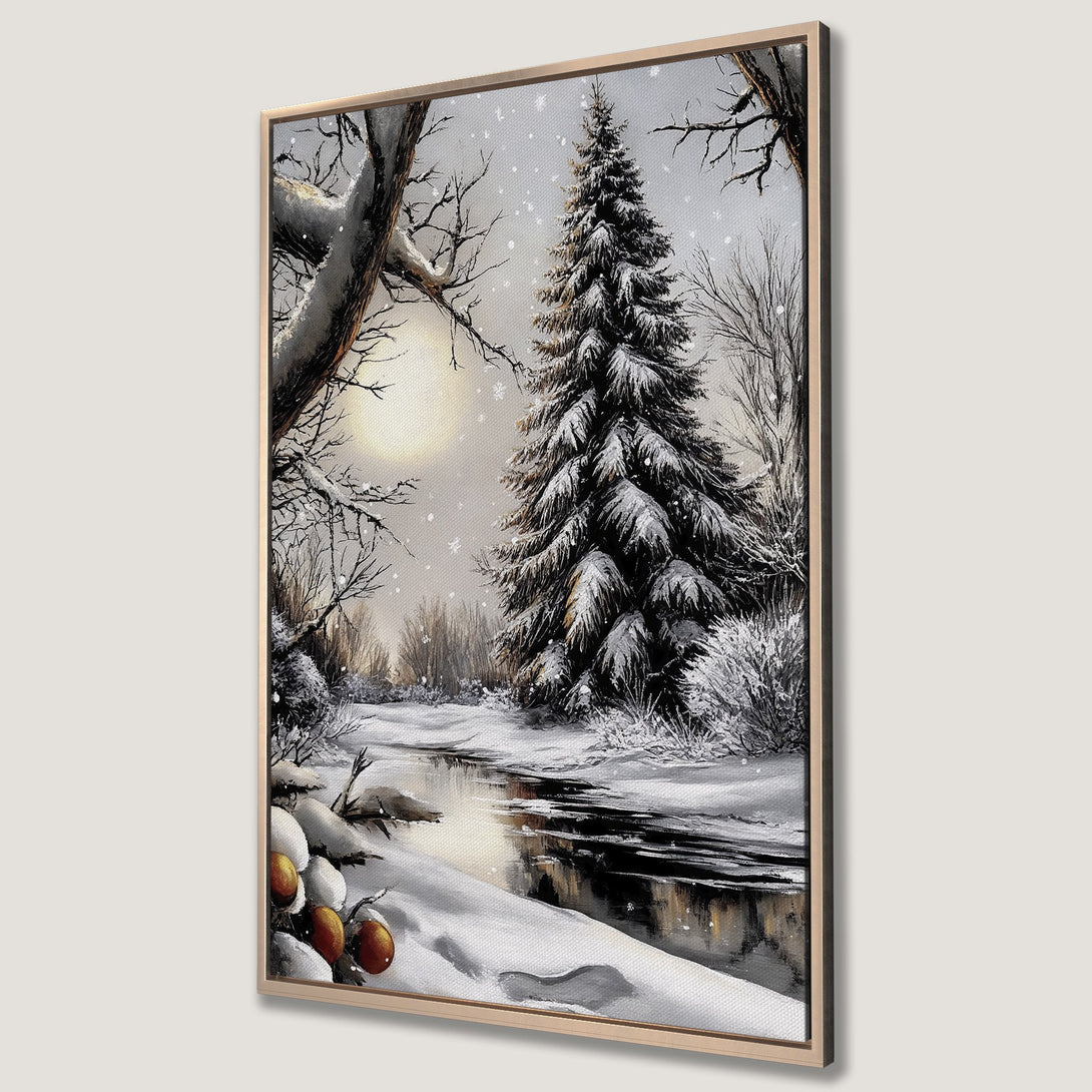 Framed Wall Art: Winter landscape Canvas Print featuring a snowy forest scene. Neutral color palette with pops of brown and gold. Perfect for cozy decor.