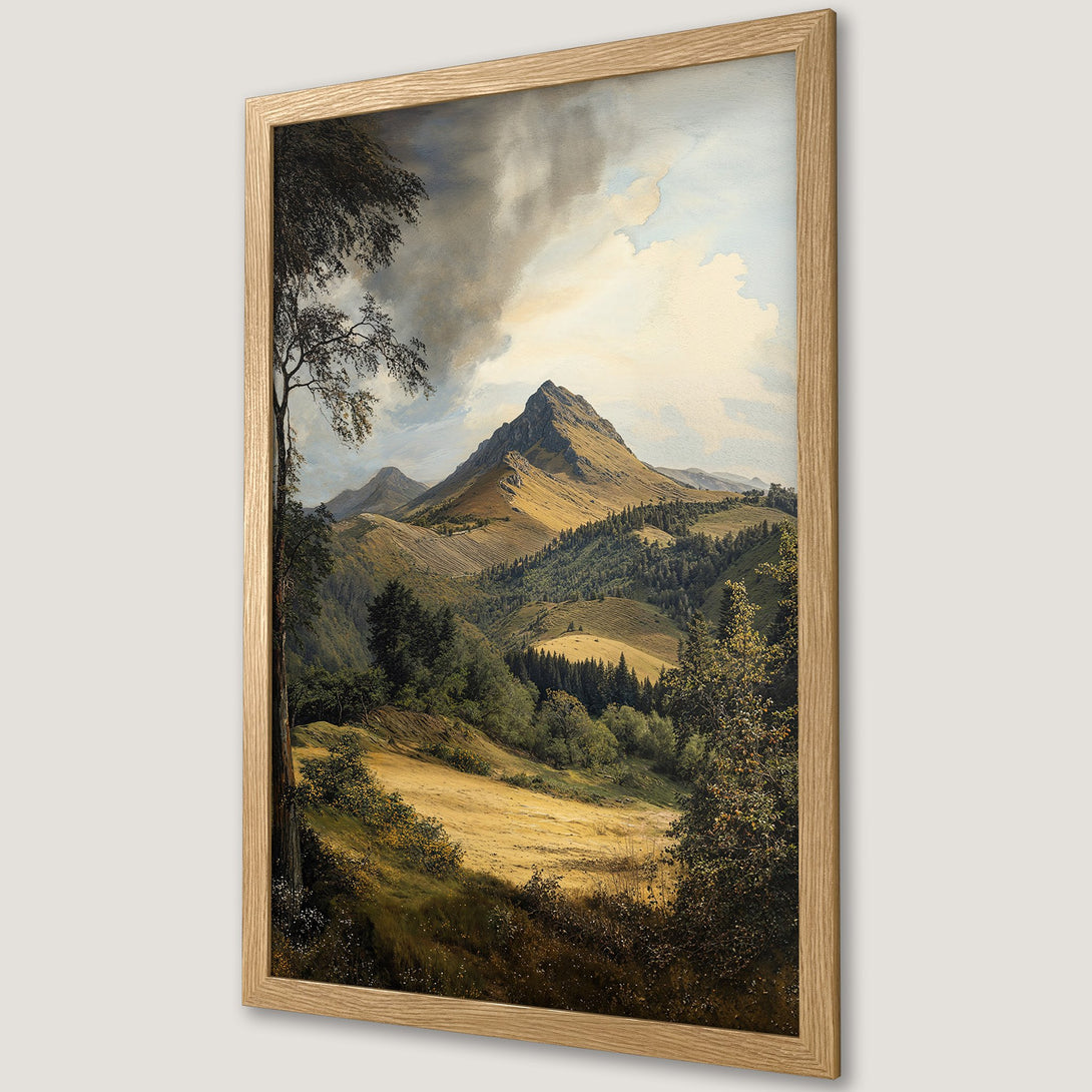 Framed Poster of a mountain landscape painting in a classic style with a warm, earthy color palette.
