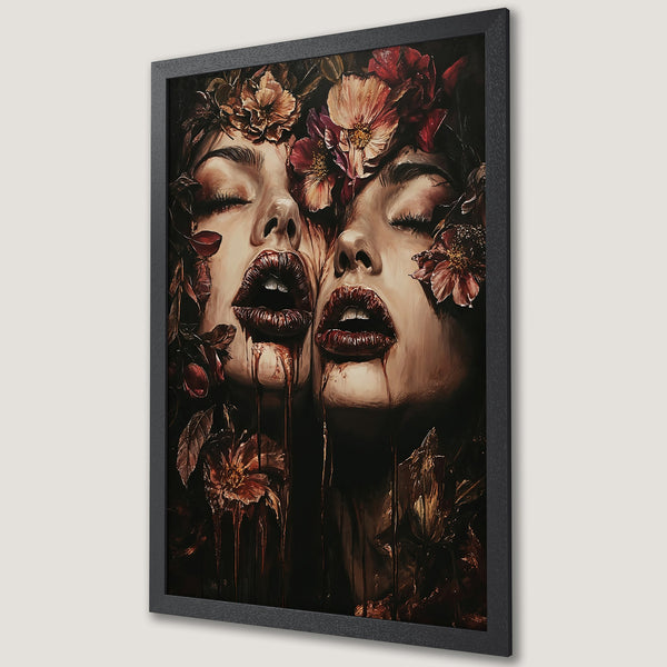 Framed Poster featuring two faces with floral accents, dark and moody style, warm brown and red color palette. Perfect wall art!