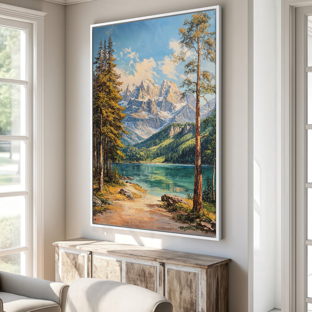 Framed Wall Art of a serene mountain lake scene. Featuring vibrant blues, greens, and yellows in a classic landscape painting style. Perfect for adding natural beauty to your home.