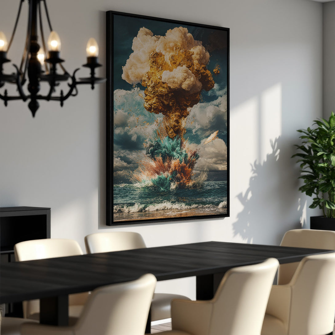 Framed Wall Art: Dramatic explosion over ocean. Earthy tones with blue, orange, and white. Modern art for home decor.