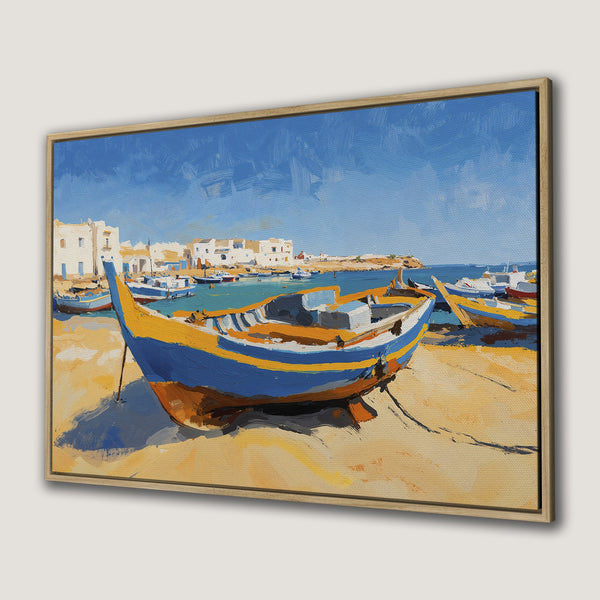 Framed Wall Art: Coastal scene Canvas Print featuring a colorful boat on a sandy beach with blue sky. A beautiful, impressionistic style with a warm color palette.