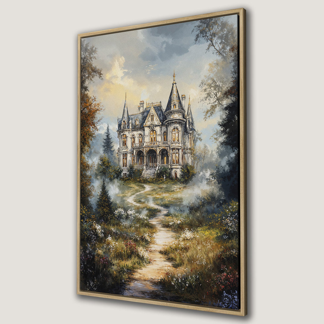 Framed Wall Art of a majestic castle in a painterly style, featuring a path through a lush landscape. Earthy tones with pops of color. Perfect for home decor.