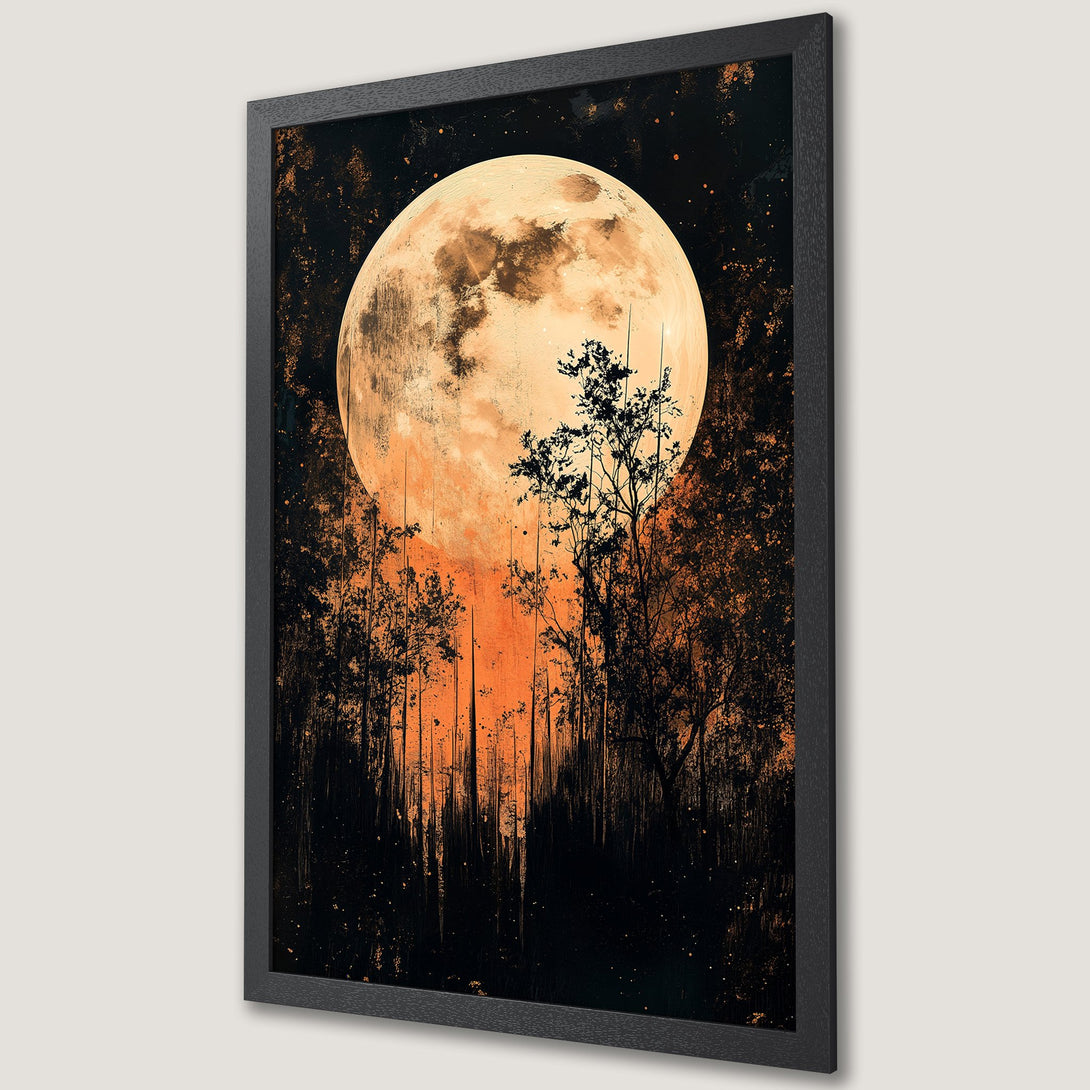 Framed Poster featuring a stunning moon over a forest. Artistic style with a warm orange and black color palette. Perfect wall art for any space.