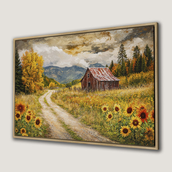 Framed Wall Art: Rustic landscape Canvas Print featuring a barn, sunflowers, and a dirt road. Warm, autumnal color palette for cozy home decor.