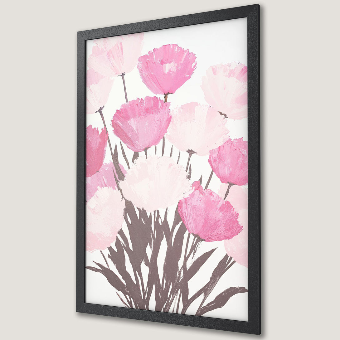 Framed Poster featuring abstract pink floral art, perfect for adding a touch of elegance to any space. Modern style, soft pink palette.