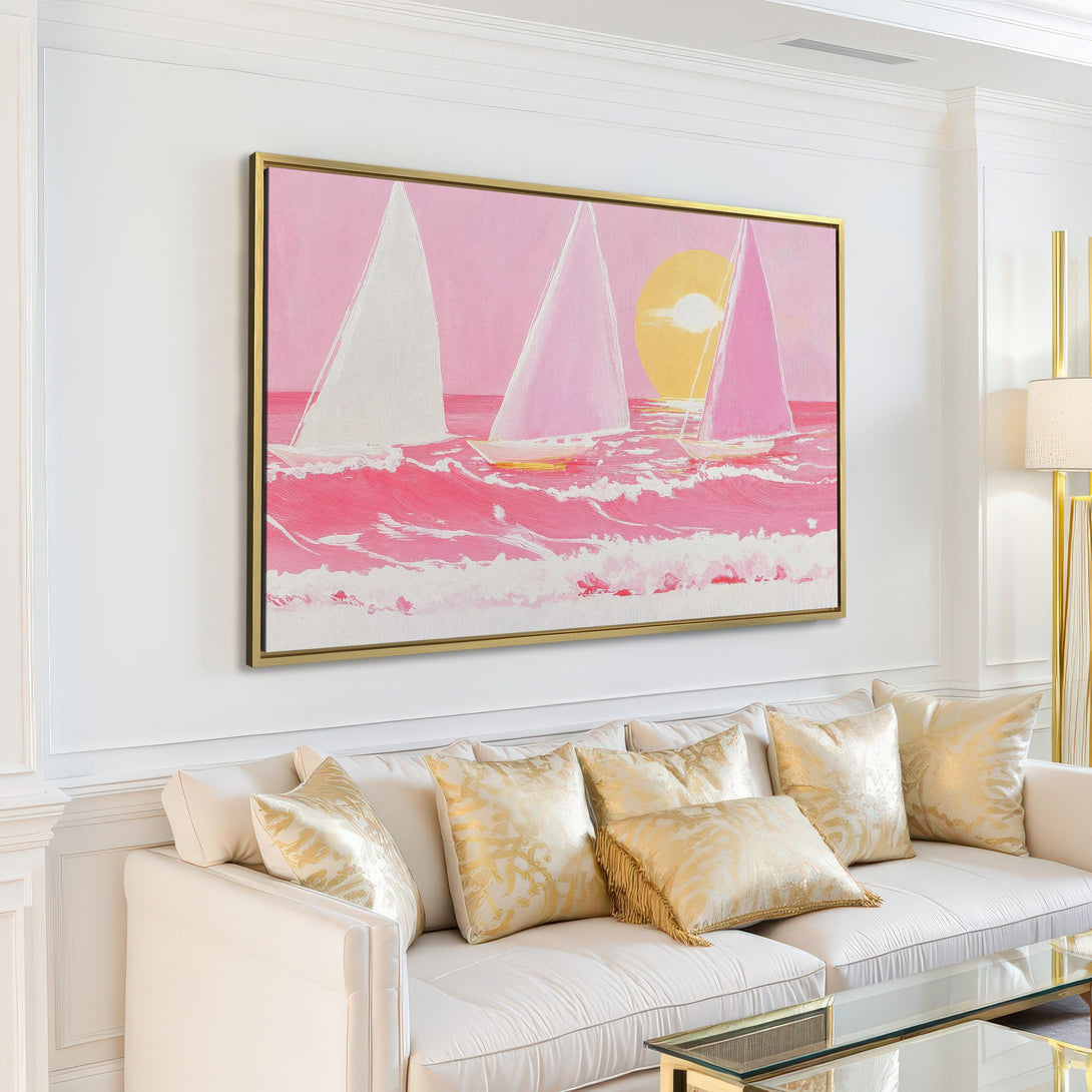 Canvas Print of sailboats at sunset in pink and yellow, adding a touch of coastal charm to any living room.