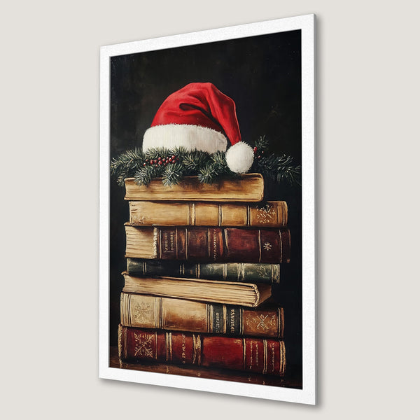 Framed Poster of Christmas books with Santa hat, classic style, warm red & brown tones. Perfect holiday decor!