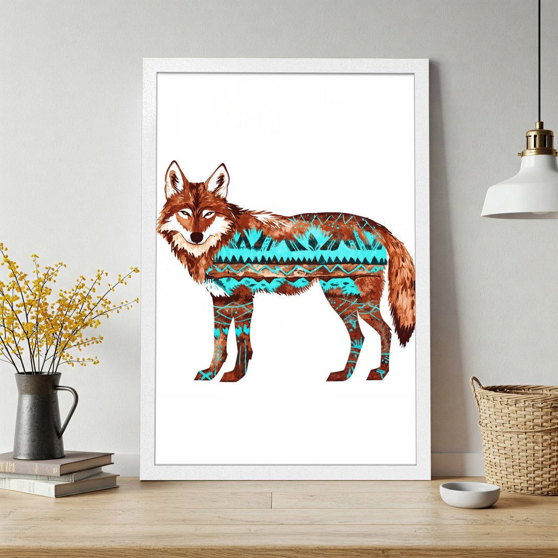 Framed Poster featuring a stylized wolf with turquoise and brown tribal patterns. Perfect wall art decor.