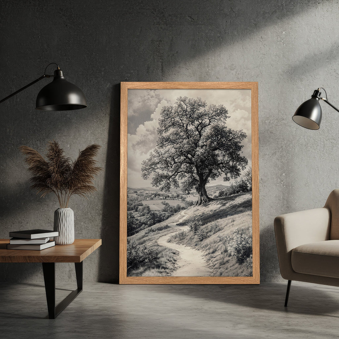Framed Poster of a tree in a landscape, vintage style, monochrome color palette, perfect for home decor.