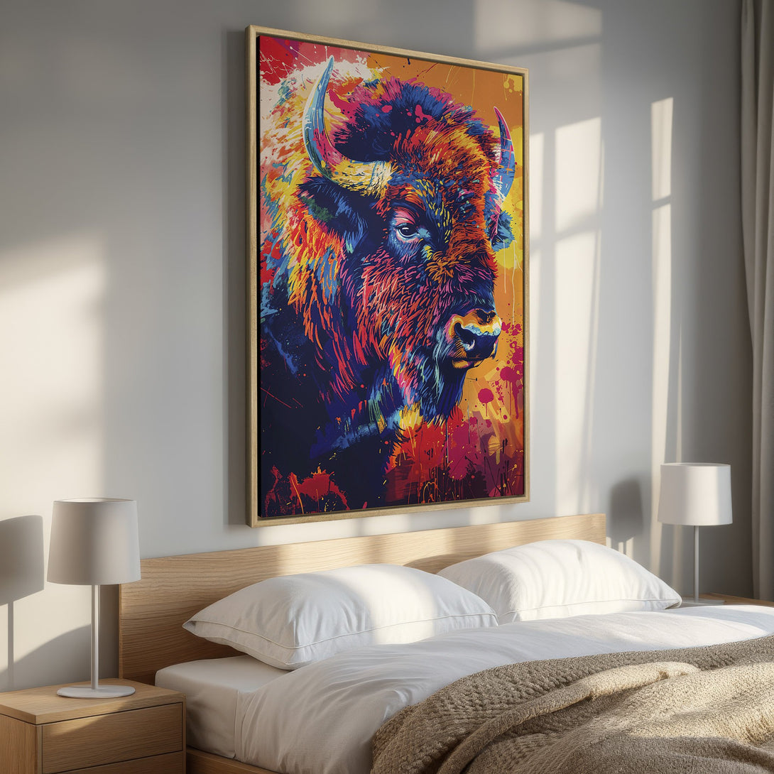 Framed Wall Art: Vibrant bison portrait canvas print with a colorful, abstract style. Bold blues, reds, yellows, and oranges create a stunning focal point.
