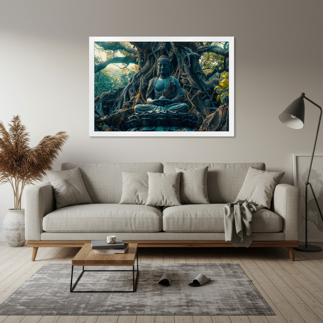 Framed Poster of Buddha statue in a serene, natural setting. Earthy tones and calming aesthetic for home decor.