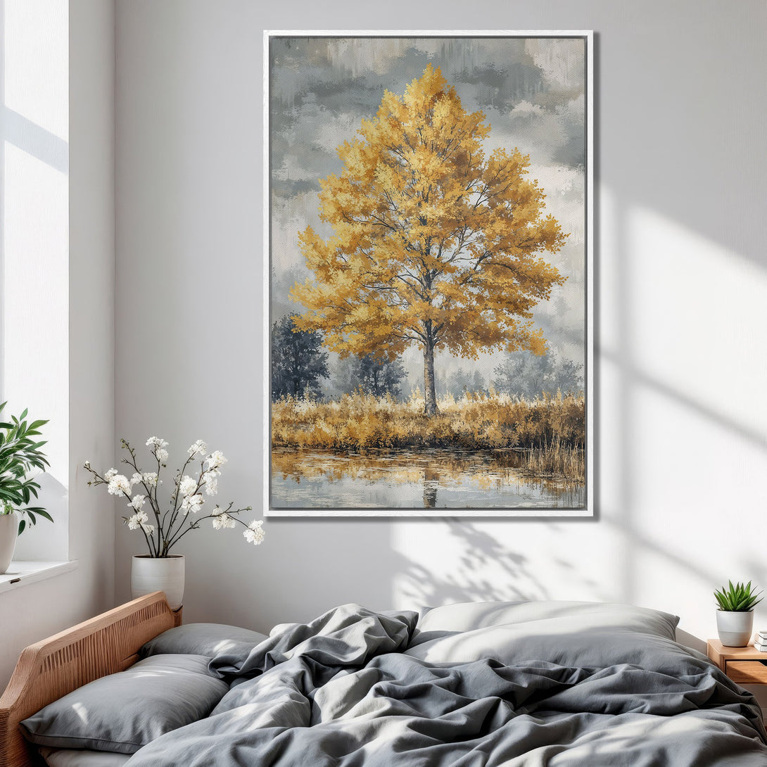 Framed Wall Art: Stunning landscape Canvas Print featuring a golden tree against a muted gray sky. Adds a touch of nature's beauty with warm, inviting colors.