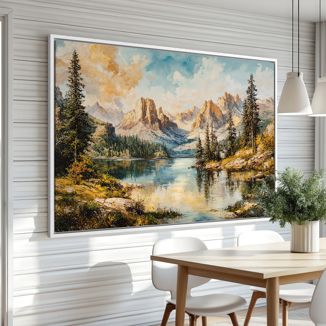 Framed Wall Art featuring a stunning mountain lake landscape painting. Warm, earthy tones and a classic style add elegance to any interior. Perfect for home decor!