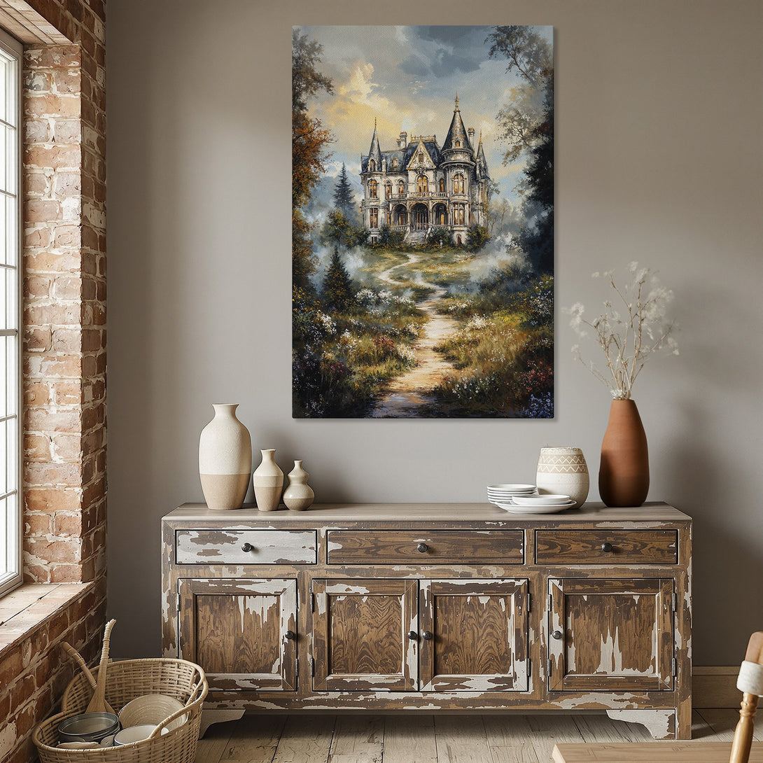 Framed Wall Art: Majestic castle painting in warm tones. Enhance your dining room with this elegant landscape Canvas Print, a perfect statement piece.