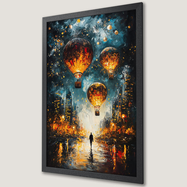 Framed Poster featuring a vibrant cityscape with hot air balloons, in an impressionistic style with a warm orange and blue palette.