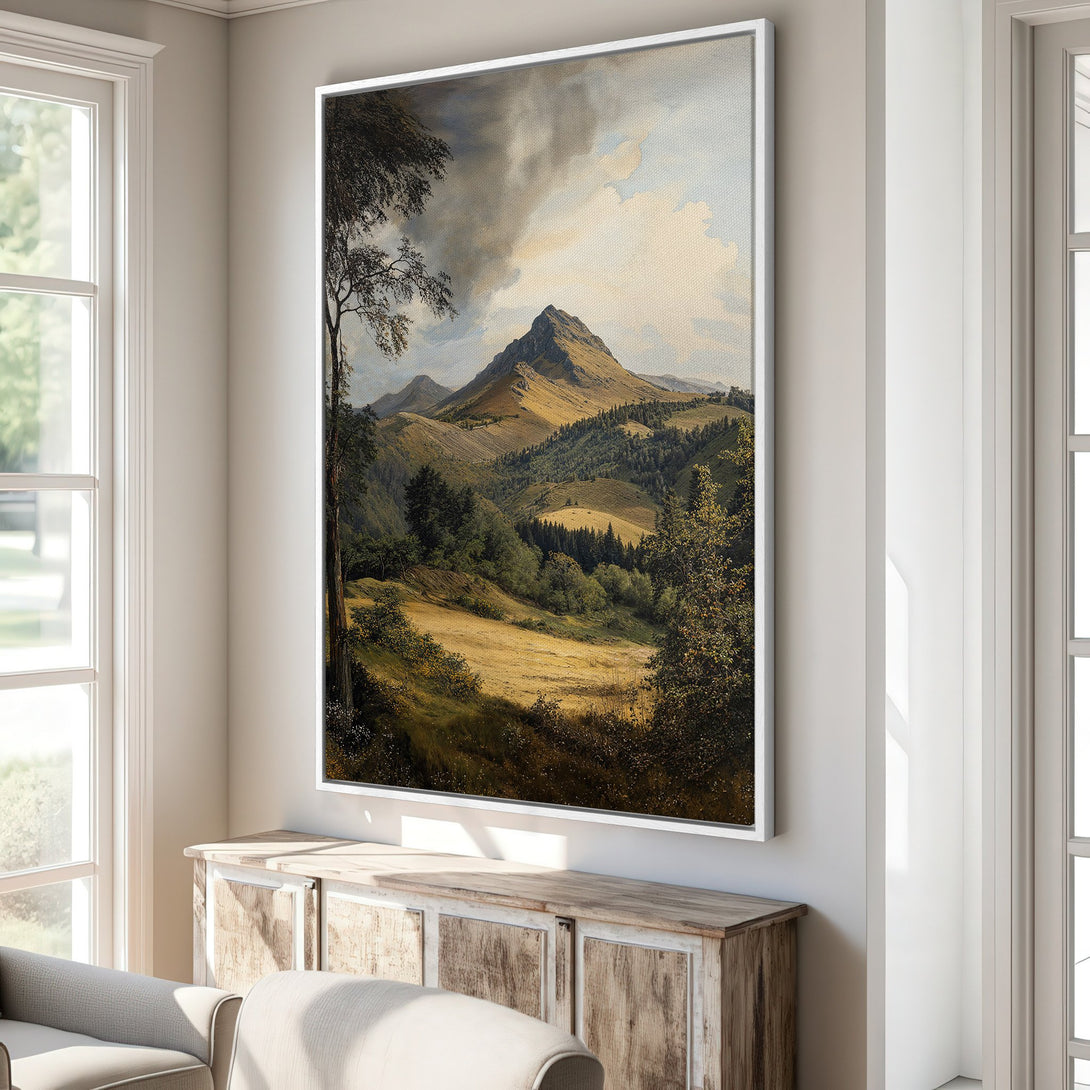 Framed Wall Art: Mountain landscape Canvas Print in warm earth tones. Classic style art adds elegance to any interior. Shop now!