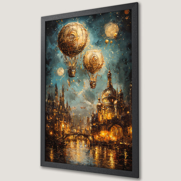 Framed Poster featuring a steampunk city with hot air balloons, in a warm gold and teal palette. Perfect wall art!