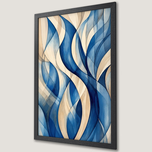 Framed Poster featuring abstract blue and beige watercolor art. Modern wall decor with a calming color palette. Perfect for any space.