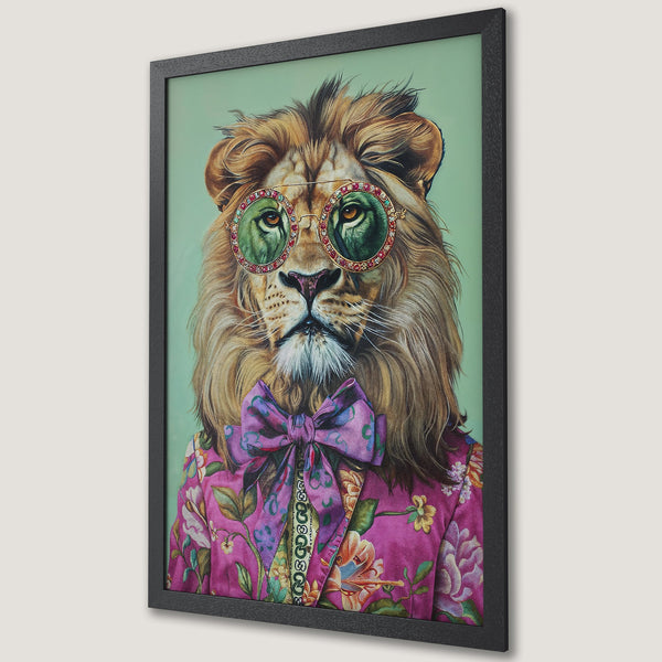 Framed Poster featuring a stylish lion in sunglasses, vibrant floral jacket, and bow tie. Artistic, colorful print with a green and pink palette.