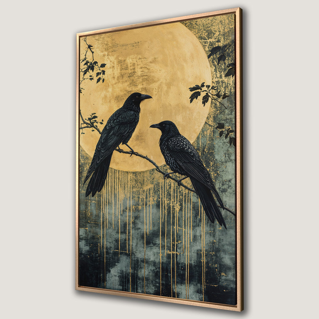 Framed Wall Art: Two ravens perched on a branch against a gold moon. Dark, moody aesthetic with gold and teal color palette. Perfect for modern decor.