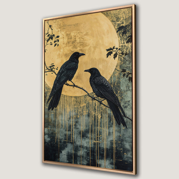 Framed Wall Art: Two ravens perched on a branch against a gold moon. Dark, moody aesthetic with gold and teal color palette. Perfect for modern decor.