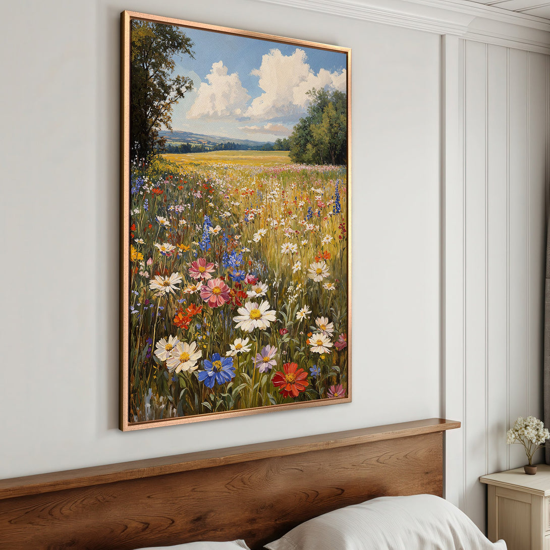 Framed Wall Art: Impressionist field of wildflowers canvas print. Vibrant colors of blue, yellow, pink, and green. Perfect for adding a touch of nature to your home.