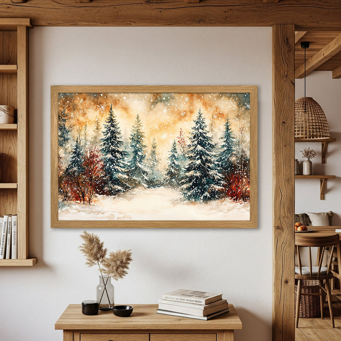Framed Poster of a winter forest scene in watercolor style, featuring snowy trees with a warm, inviting color palette. Perfect for home decor.