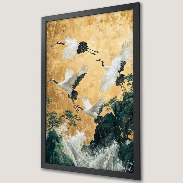 Framed Poster featuring Japanese cranes in flight over a waterfall. Elegant artwork with gold, white, and green color palette. Perfect wall decor.