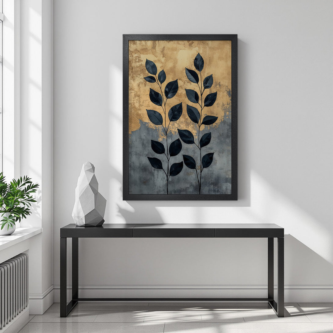Framed Poster featuring botanical art in a gold, gray, and black color palette. Modern wall art for home decor.