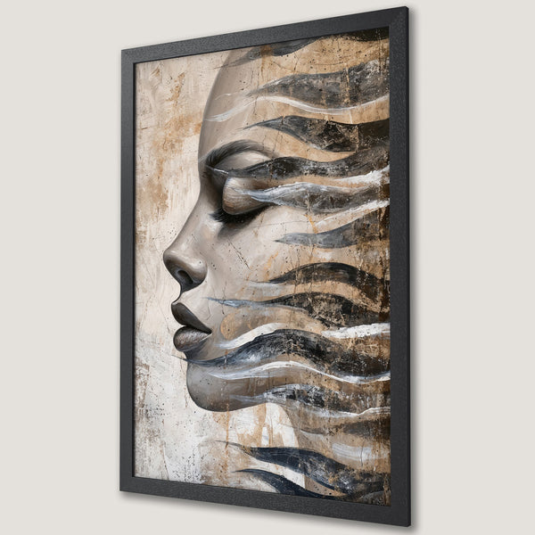 Framed Poster featuring a woman's face in abstract art style, with a neutral color palette of beige, brown, and black. Perfect wall decor.