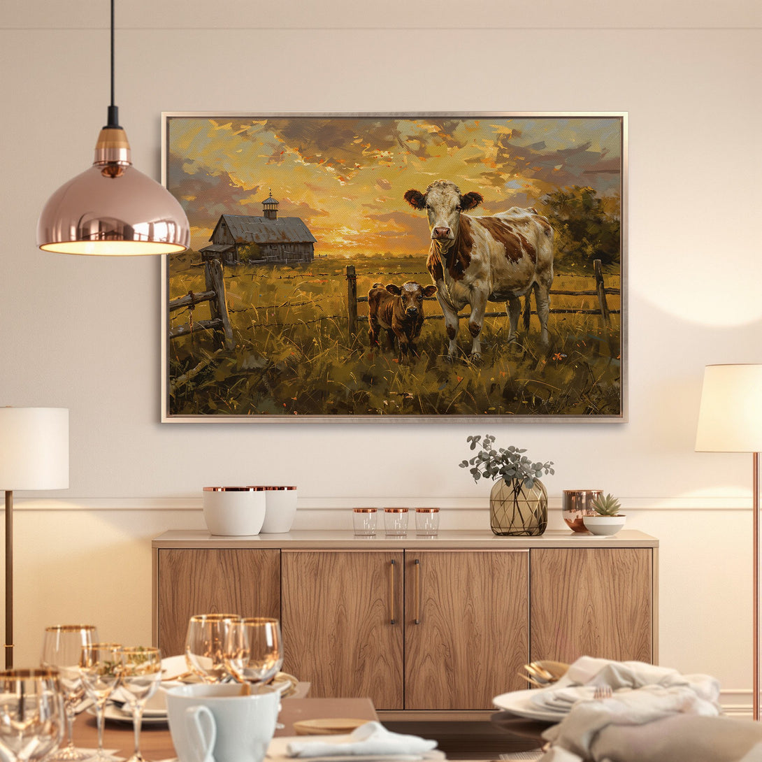 Framed Wall Art: Rustic cow painting in warm sunset hues. Perfect for farmhouse decor. Add charm and style to your space with this canvas print.