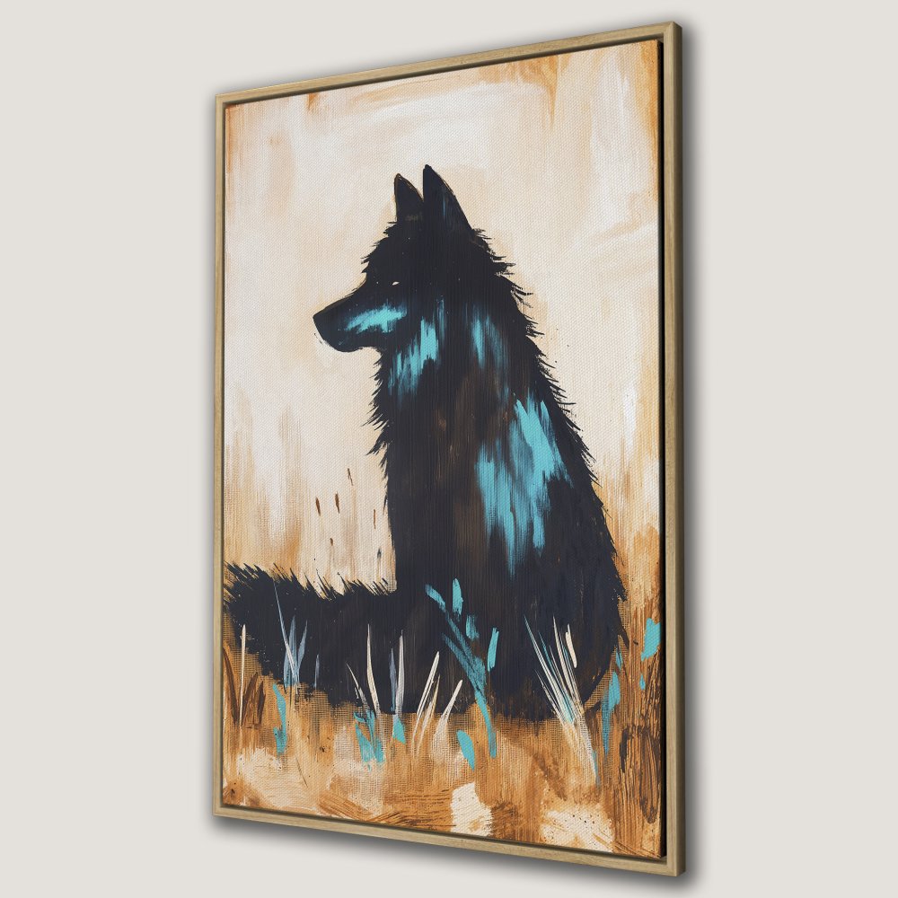 Framed Wall Art: Black wolf painting with teal accents on canvas. Rustic style with neutral and teal color palette. Perfect wall decor.