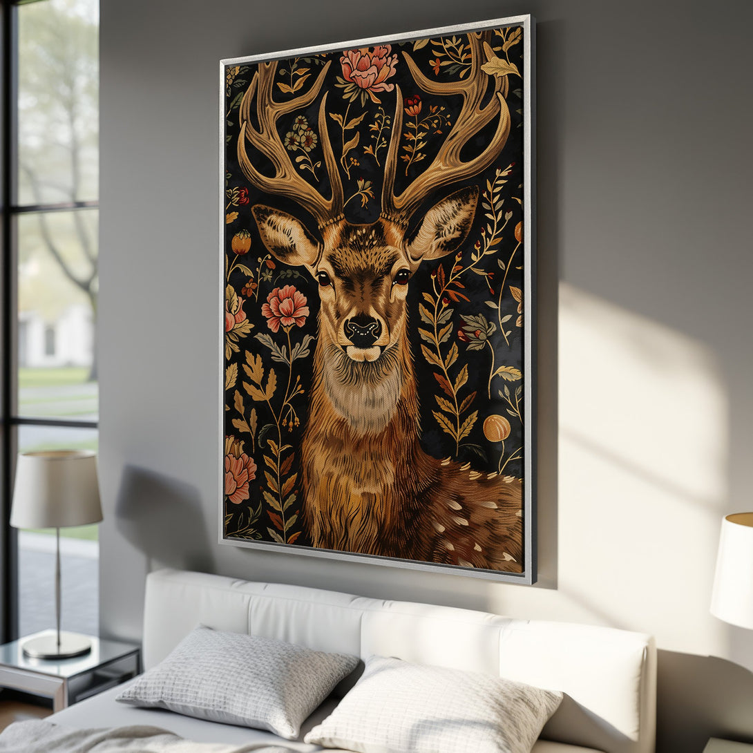 Framed Wall Art featuring a majestic deer with floral accents. Earthy tones of brown, gold, and black create a warm, inviting aesthetic. Perfect for adding a touch of nature to your space.