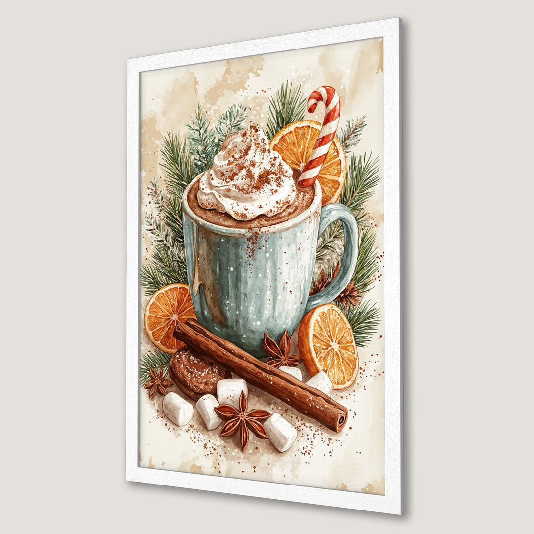 Framed Poster featuring watercolor style hot chocolate with oranges and cinnamon. Warm color palette perfect for cozy decor.