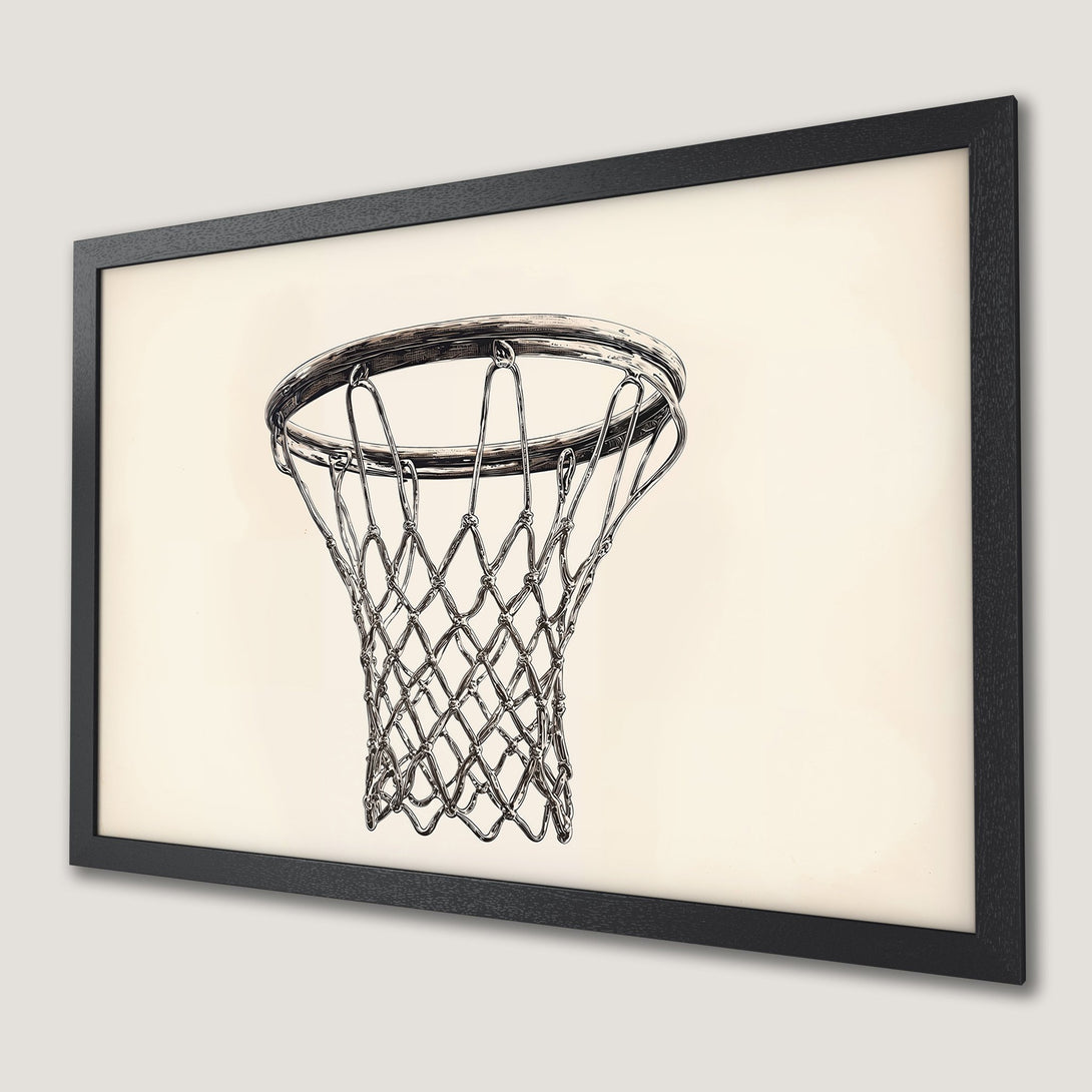 Framed Poster featuring a detailed basketball net illustration in black and white, perfect for sports fans.