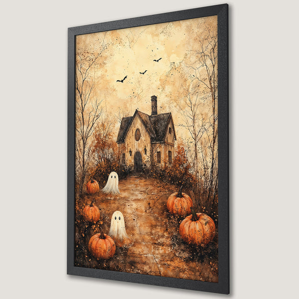 Framed Poster featuring a spooky Halloween scene with a haunted house, pumpkins, and ghosts in a warm, watercolor style.
