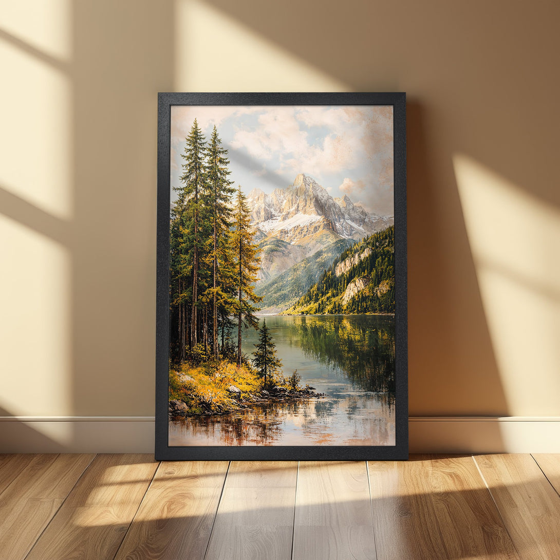 Framed Poster of a serene mountain lake landscape in a classic style with a natural color palette. Perfect wall art!
