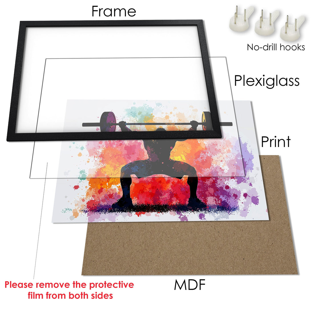 Framed Poster featuring a weightlifter in a colorful watercolor style. Vibrant color palette for home gym decor.