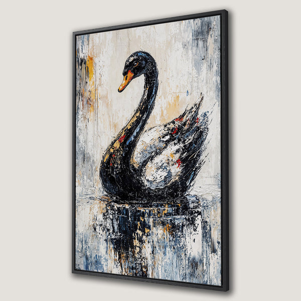 Framed Wall Art: Abstract black swan painting with textured brushstrokes in a neutral color palette. Perfect for modern home decor.