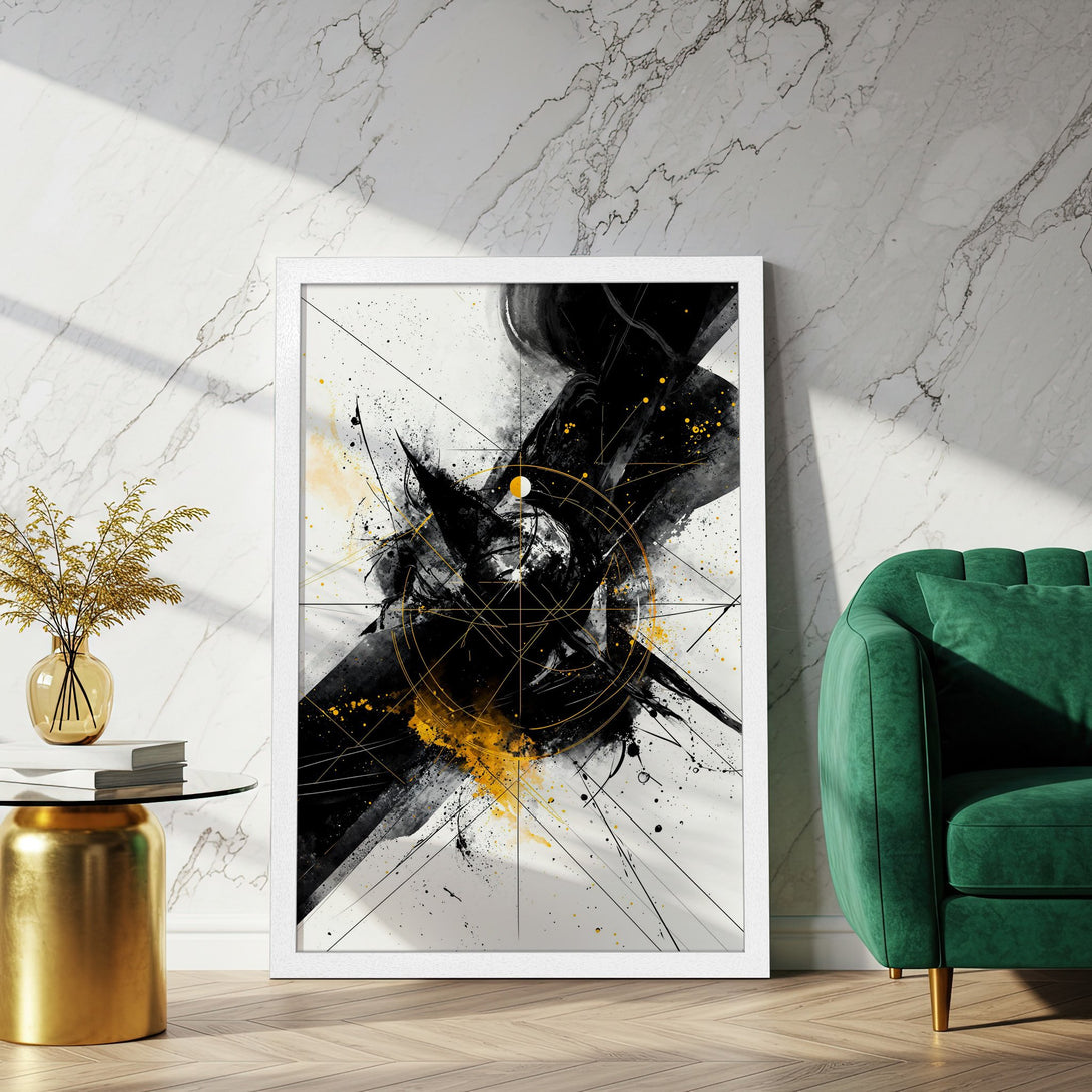 Framed Poster: Abstract art print in black, white, and gold. Modern style for home decor. Elevate your space with this stunning poster.