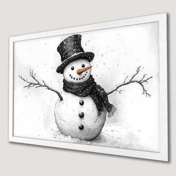 Framed Poster featuring a whimsical snowman illustration in a black, white, and orange color palette. Perfect winter decor!
