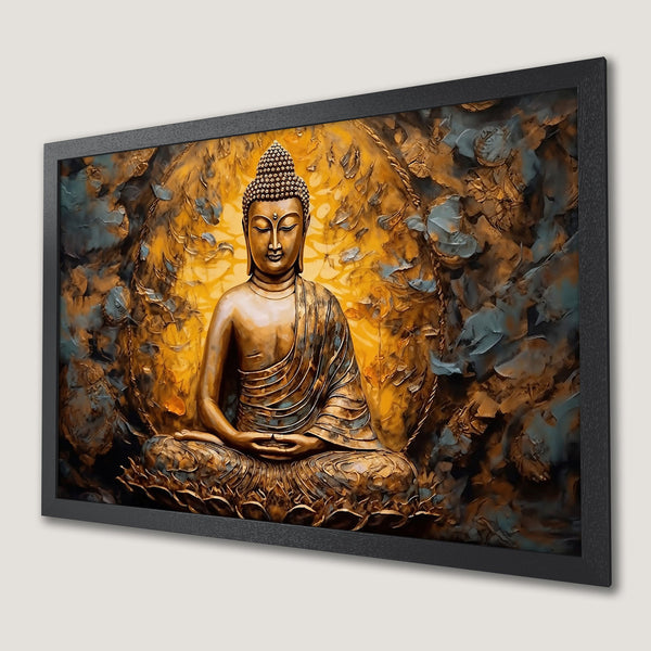 Framed Poster of Buddha in a golden, abstract style. Earthy tones of gold, brown, and teal create a serene, spiritual vibe.