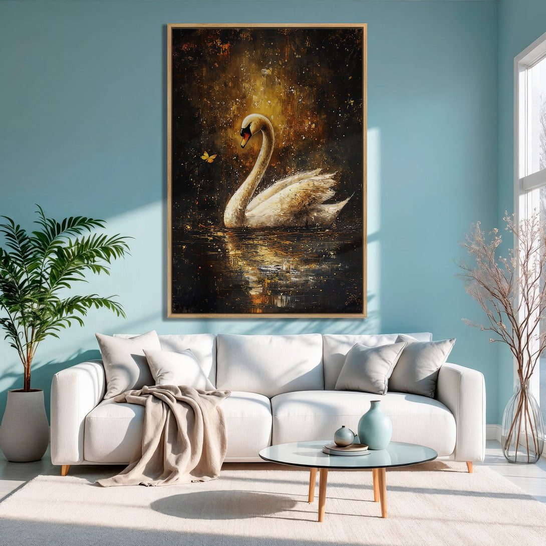 Framed Wall Art featuring a majestic swan in a dark, gold-toned abstract style. Perfect for adding elegance to any room.