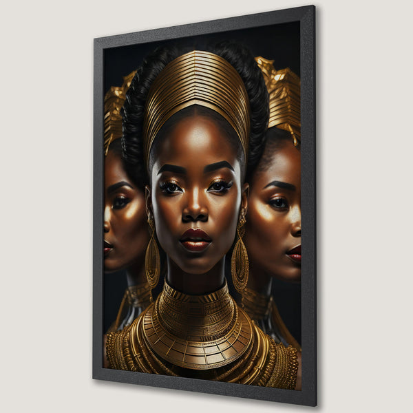 Framed Poster featuring a regal woman in gold jewelry. Elegant style, rich gold and black color palette. Perfect wall art.