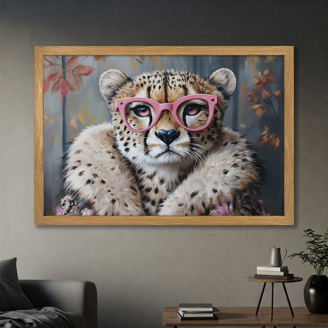 Framed Poster: Stylish cheetah art with pink glasses, neutral tones, and a touch of whimsy. Perfect wall decor!